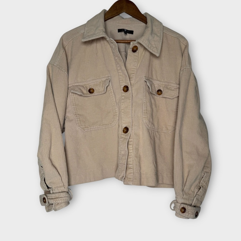 Seven 7 For All Mankind Corduroy Cropped Jacket Buttons Pleated Cream Tan Large